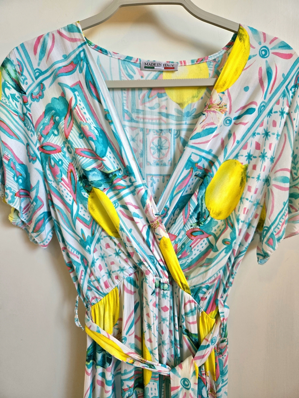 Lemon Print Wrap Midi Dress Amalfi Coast Tile Faux Wrap Made in Italy - Picture 7 of 7